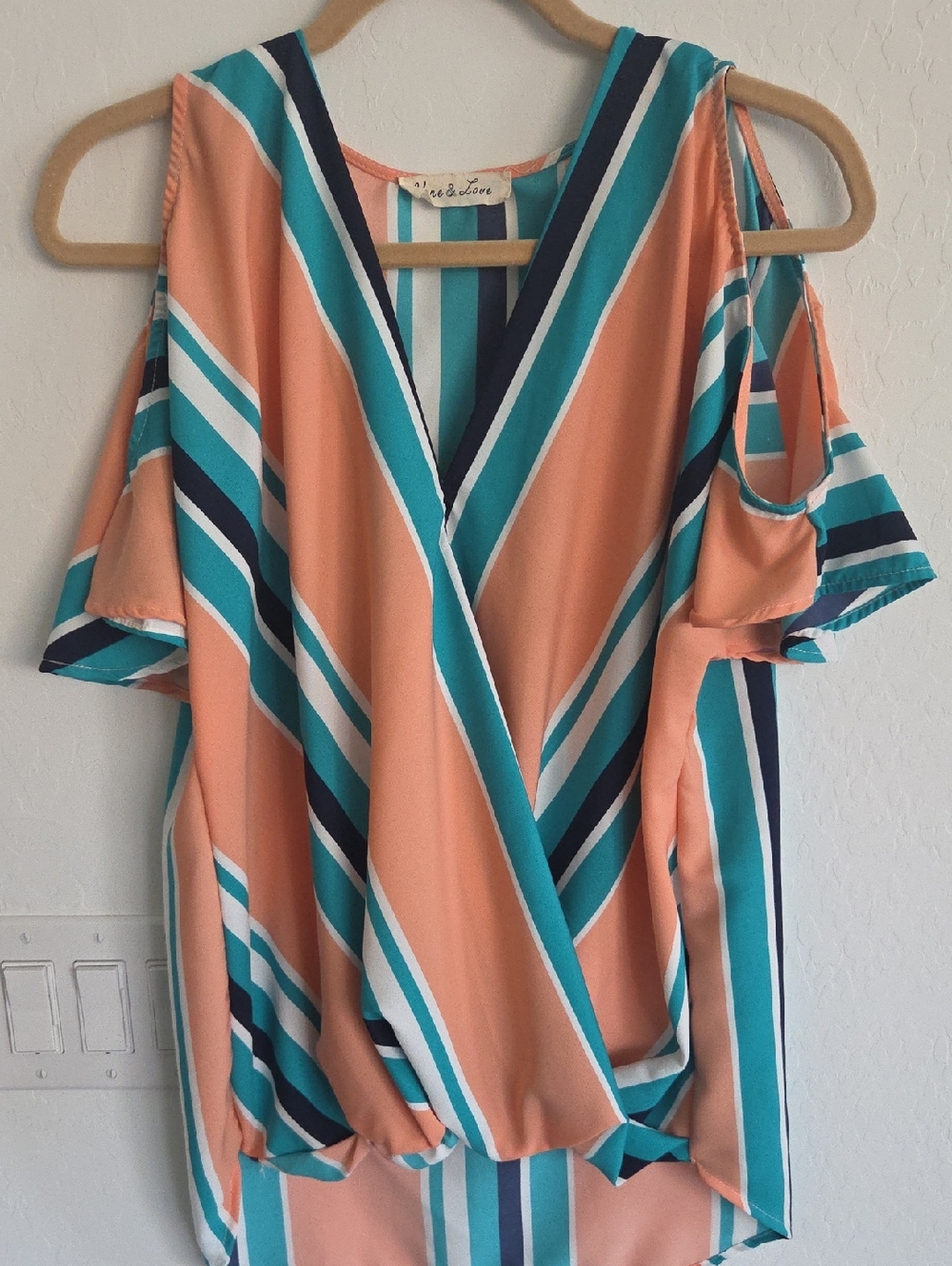 Vine & Love Striped Cold-Shoulder Wrap Top in Peach, Teal and Navy